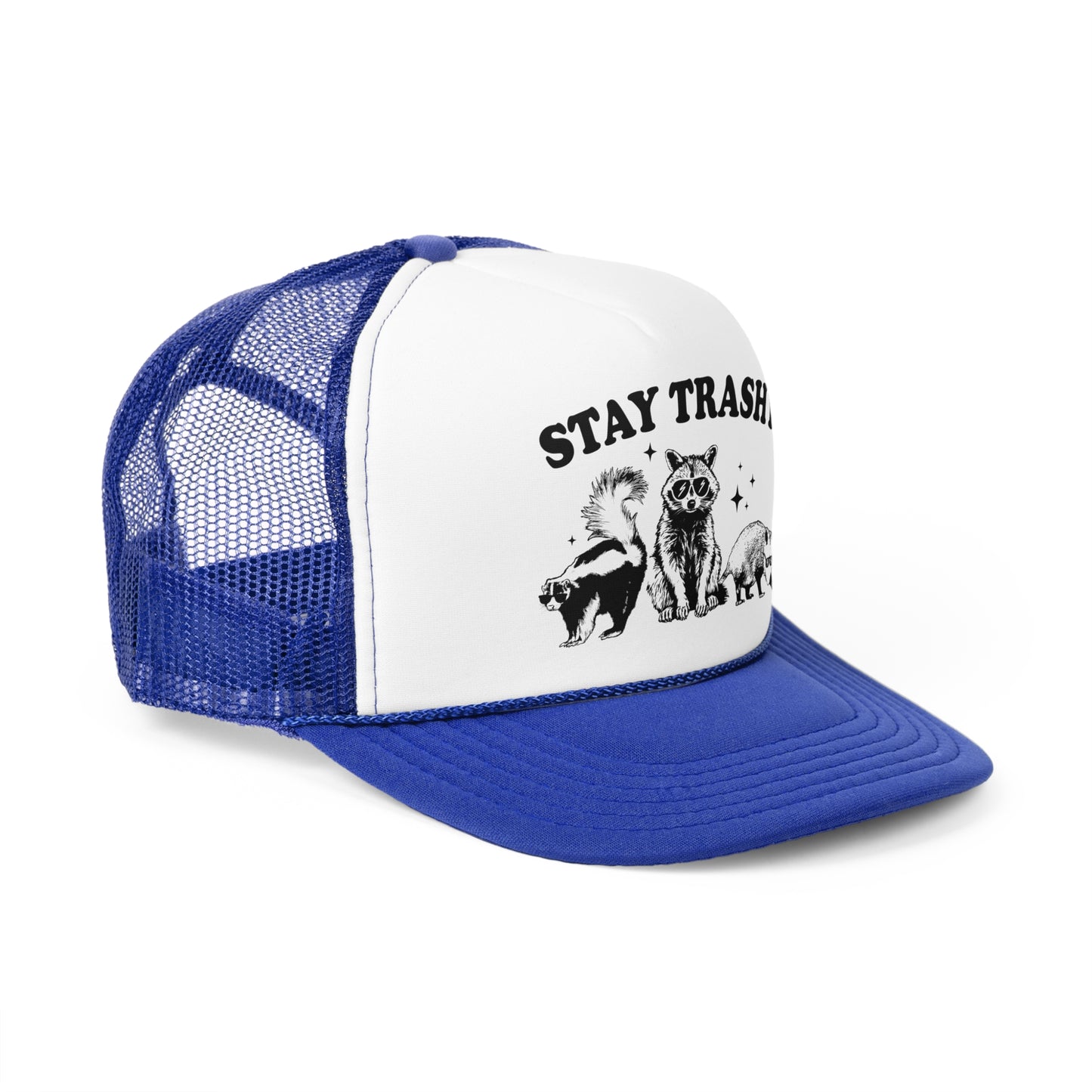 Stay Trashy Vintage Racoon Trucker Cap - Graphic Mesh Snapback, Funny Quote Adjustable Hat, Trendy Foam Front Cap for Men & Women