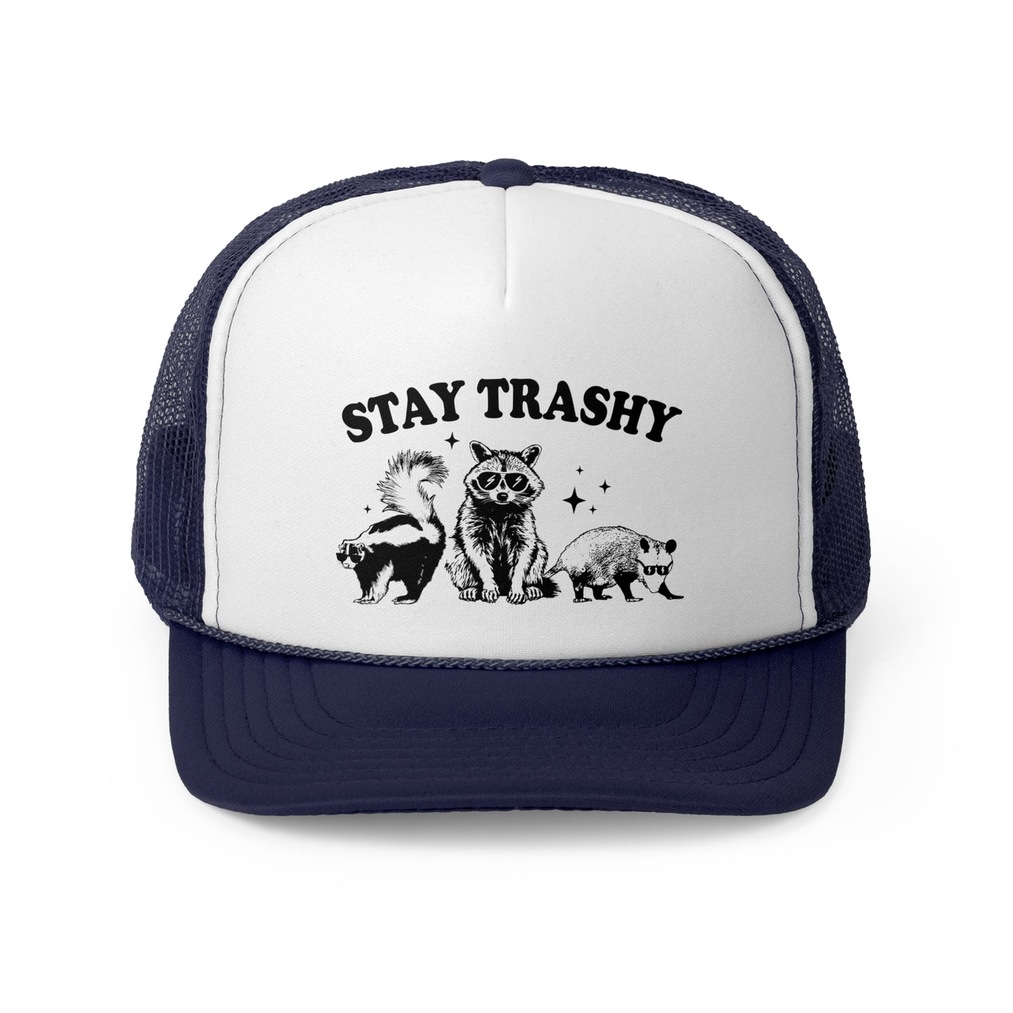 Stay Trashy Vintage Racoon Trucker Cap - Graphic Mesh Snapback, Funny Quote Adjustable Hat, Trendy Foam Front Cap for Men & Women