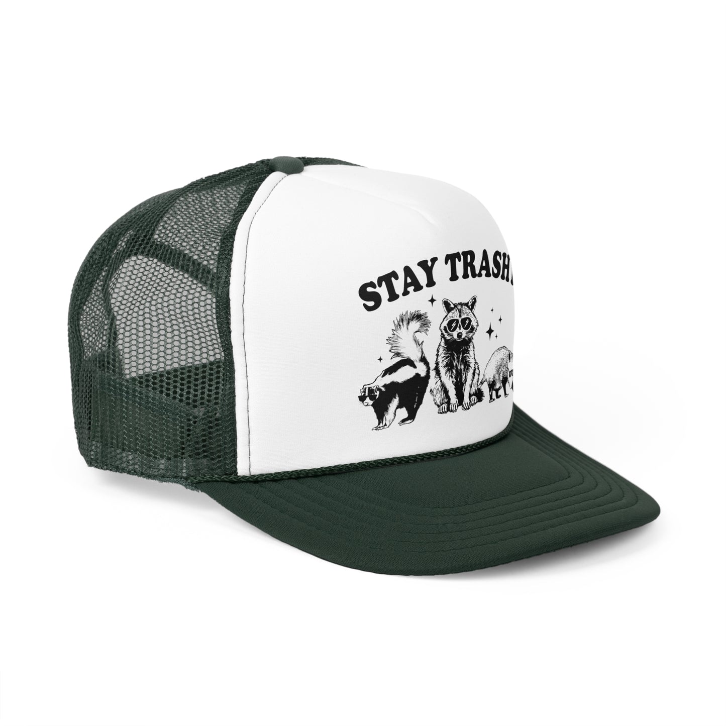 Stay Trashy Vintage Racoon Trucker Cap - Graphic Mesh Snapback, Funny Quote Adjustable Hat, Trendy Foam Front Cap for Men & Women