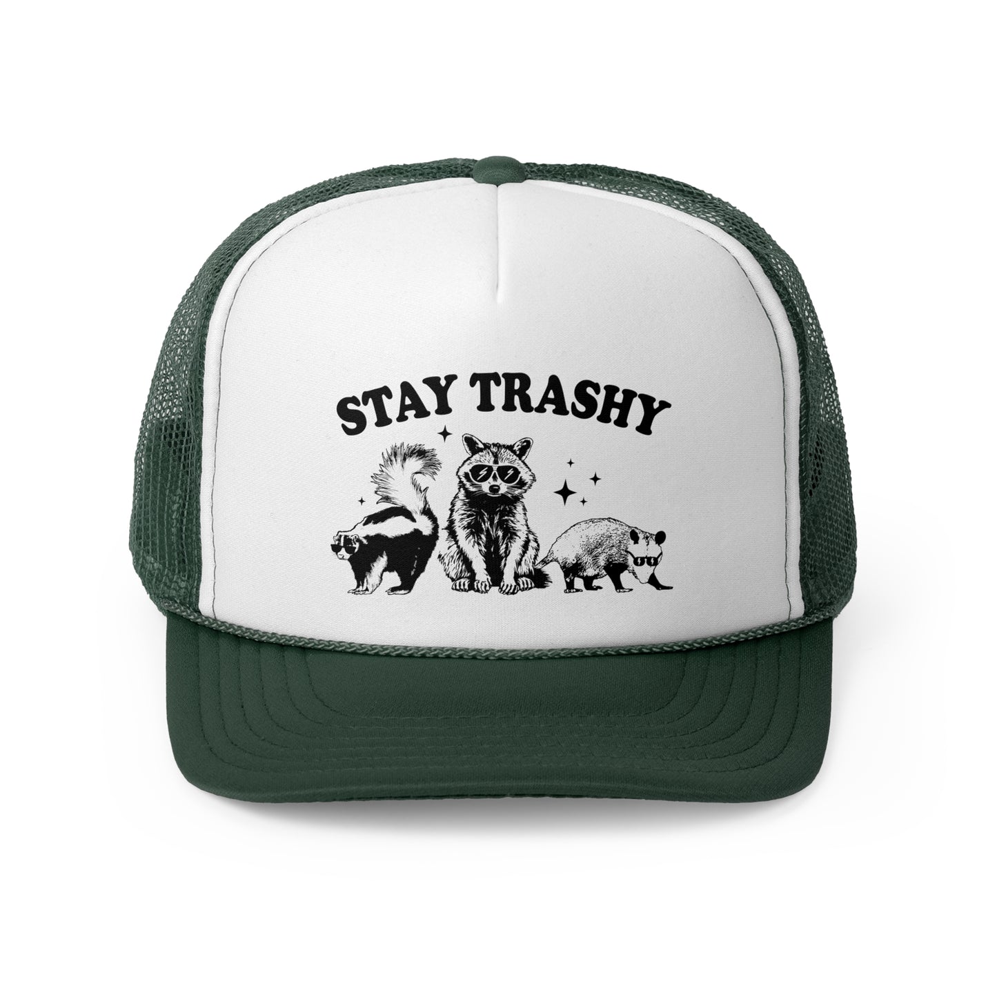 Stay Trashy Vintage Racoon Trucker Cap - Graphic Mesh Snapback, Funny Quote Adjustable Hat, Trendy Foam Front Cap for Men & Women