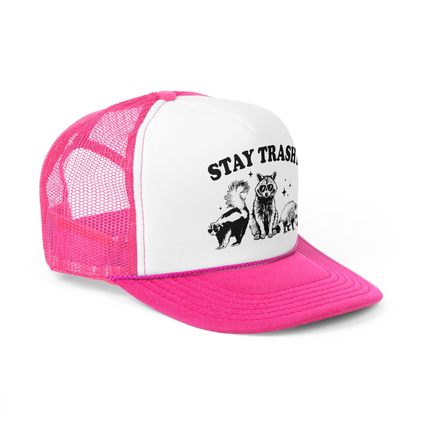 Stay Trashy Vintage Racoon Trucker Cap - Graphic Mesh Snapback, Funny Quote Adjustable Hat, Trendy Foam Front Cap for Men & Women