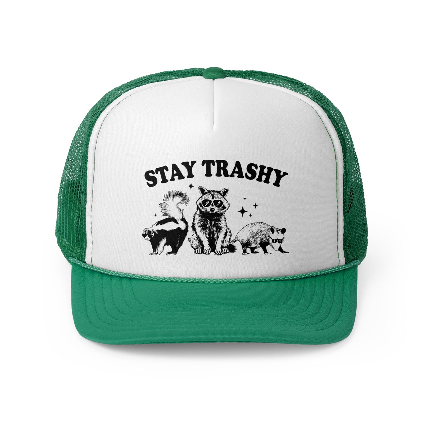 Stay Trashy Vintage Racoon Trucker Cap - Graphic Mesh Snapback, Funny Quote Adjustable Hat, Trendy Foam Front Cap for Men & Women