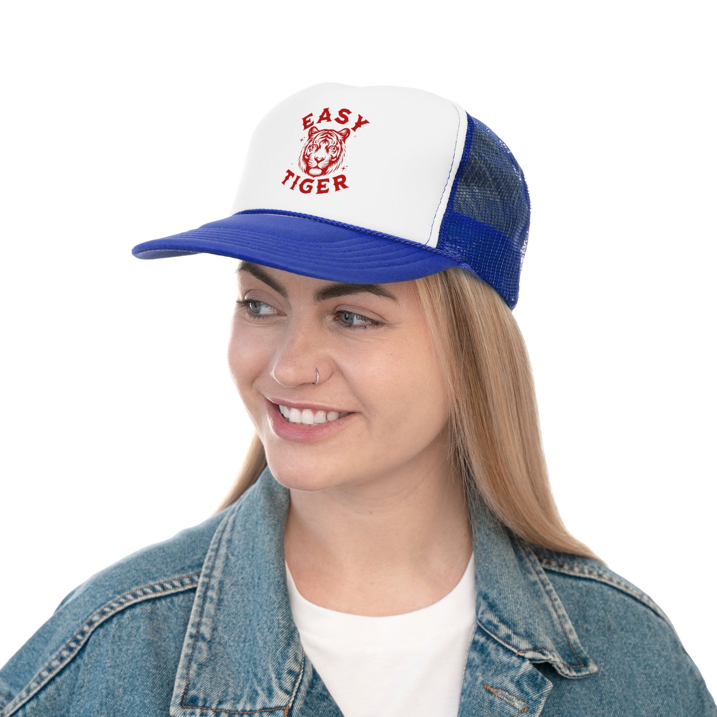 Easy Tiger Trucker Hat - Vintage Red Print, Retro, Old School, Nostalgic, Adjustable Snap Back Cap