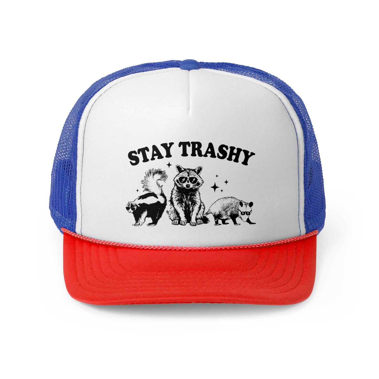 Stay Trashy Vintage Racoon Trucker Cap - Graphic Mesh Snapback, Funny Quote Adjustable Hat, Trendy Foam Front Cap for Men & Women