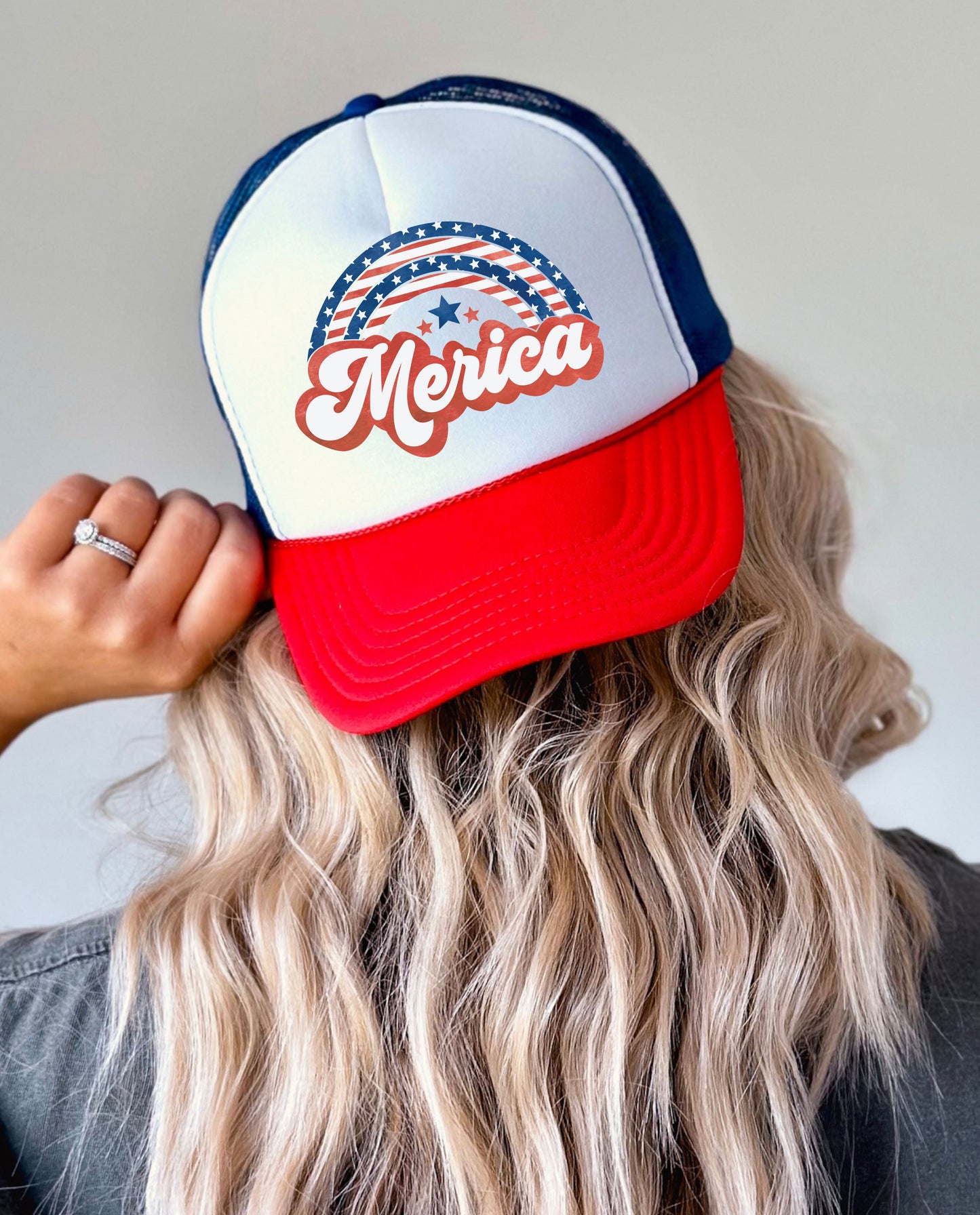 Vintage America Rainbow Trucker Cap - Vintage America Snap Back Hat, 4th of July Gift, Patriotic Cap for Men & Women, 4th of July Hat