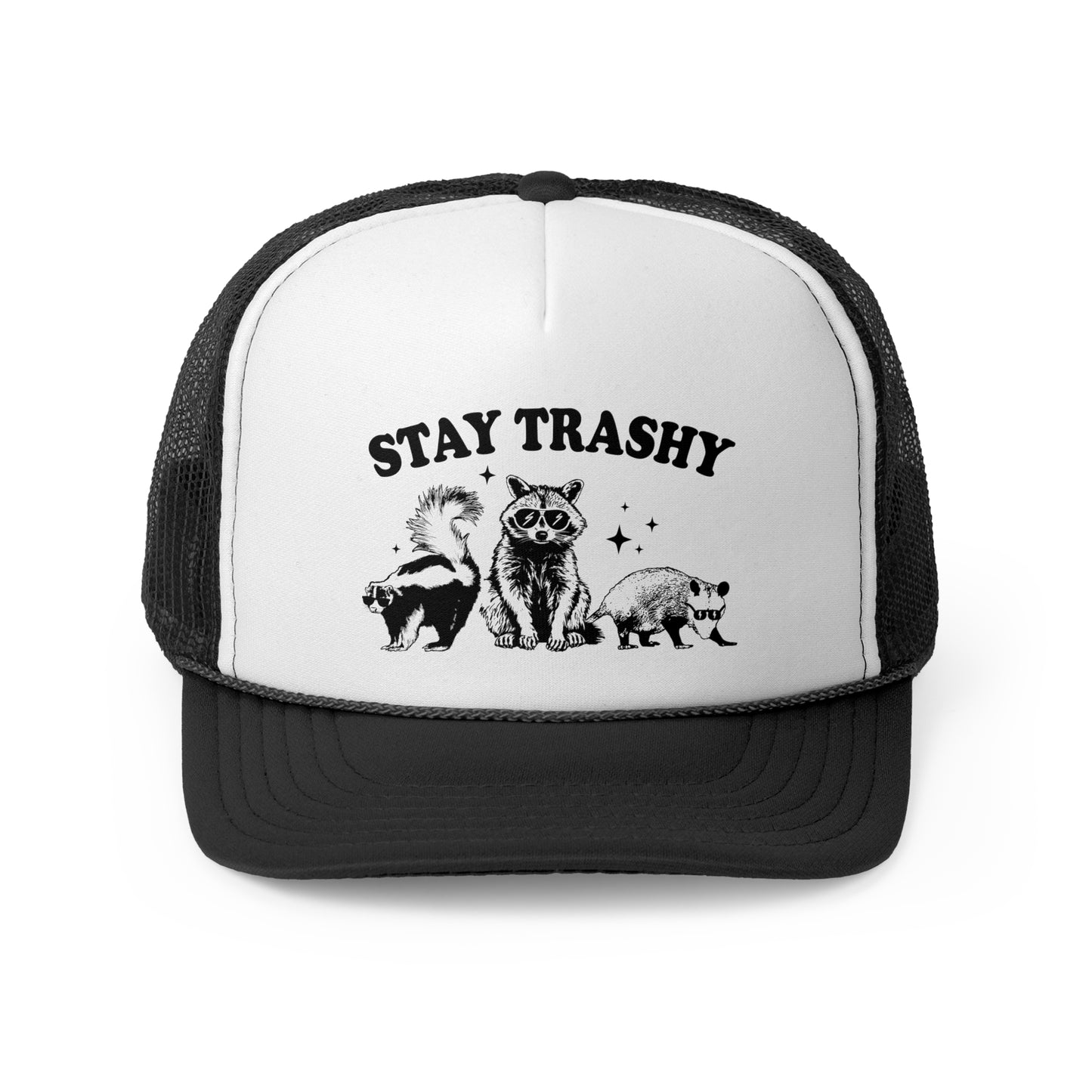 Stay Trashy Vintage Racoon Trucker Cap - Graphic Mesh Snapback, Funny Quote Adjustable Hat, Trendy Foam Front Cap for Men & Women