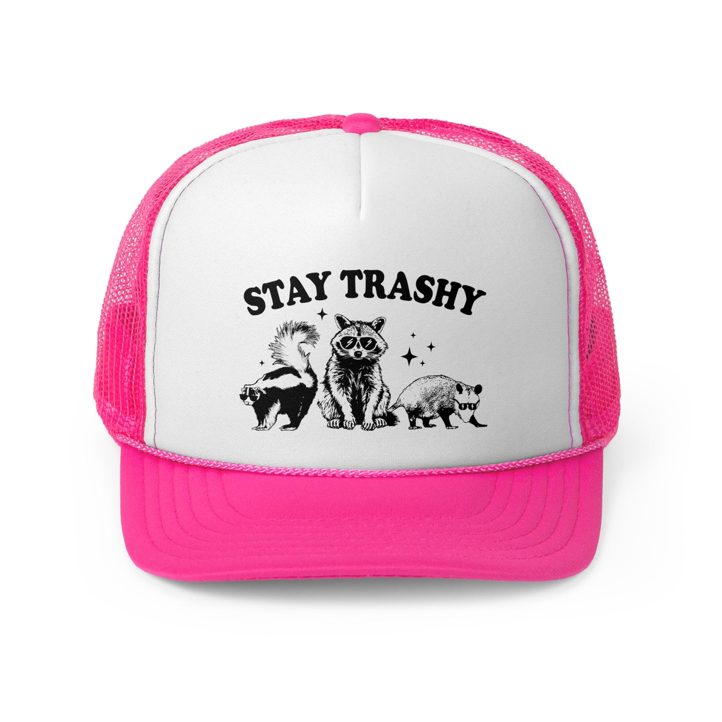 Stay Trashy Vintage Racoon Trucker Cap - Graphic Mesh Snapback, Funny Quote Adjustable Hat, Trendy Foam Front Cap for Men & Women