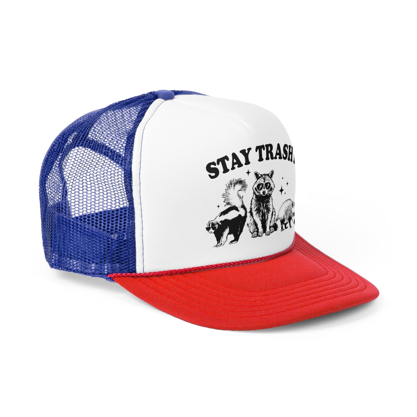 Stay Trashy Vintage Racoon Trucker Cap - Graphic Mesh Snapback, Funny Quote Adjustable Hat, Trendy Foam Front Cap for Men & Women