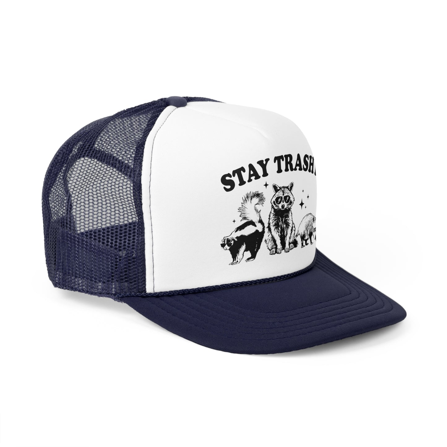 Stay Trashy Vintage Racoon Trucker Cap - Graphic Mesh Snapback, Funny Quote Adjustable Hat, Trendy Foam Front Cap for Men & Women