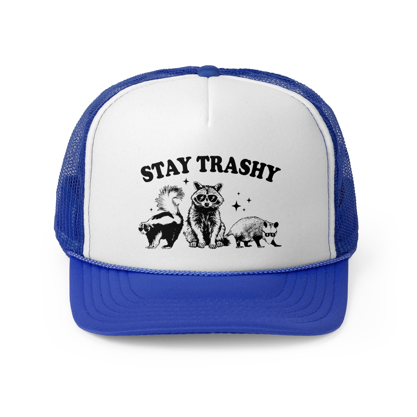 Stay Trashy Vintage Racoon Trucker Cap - Graphic Mesh Snapback, Funny Quote Adjustable Hat, Trendy Foam Front Cap for Men & Women