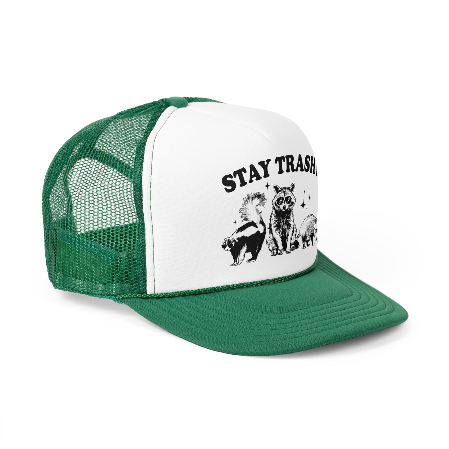 Stay Trashy Vintage Racoon Trucker Cap - Graphic Mesh Snapback, Funny Quote Adjustable Hat, Trendy Foam Front Cap for Men & Women
