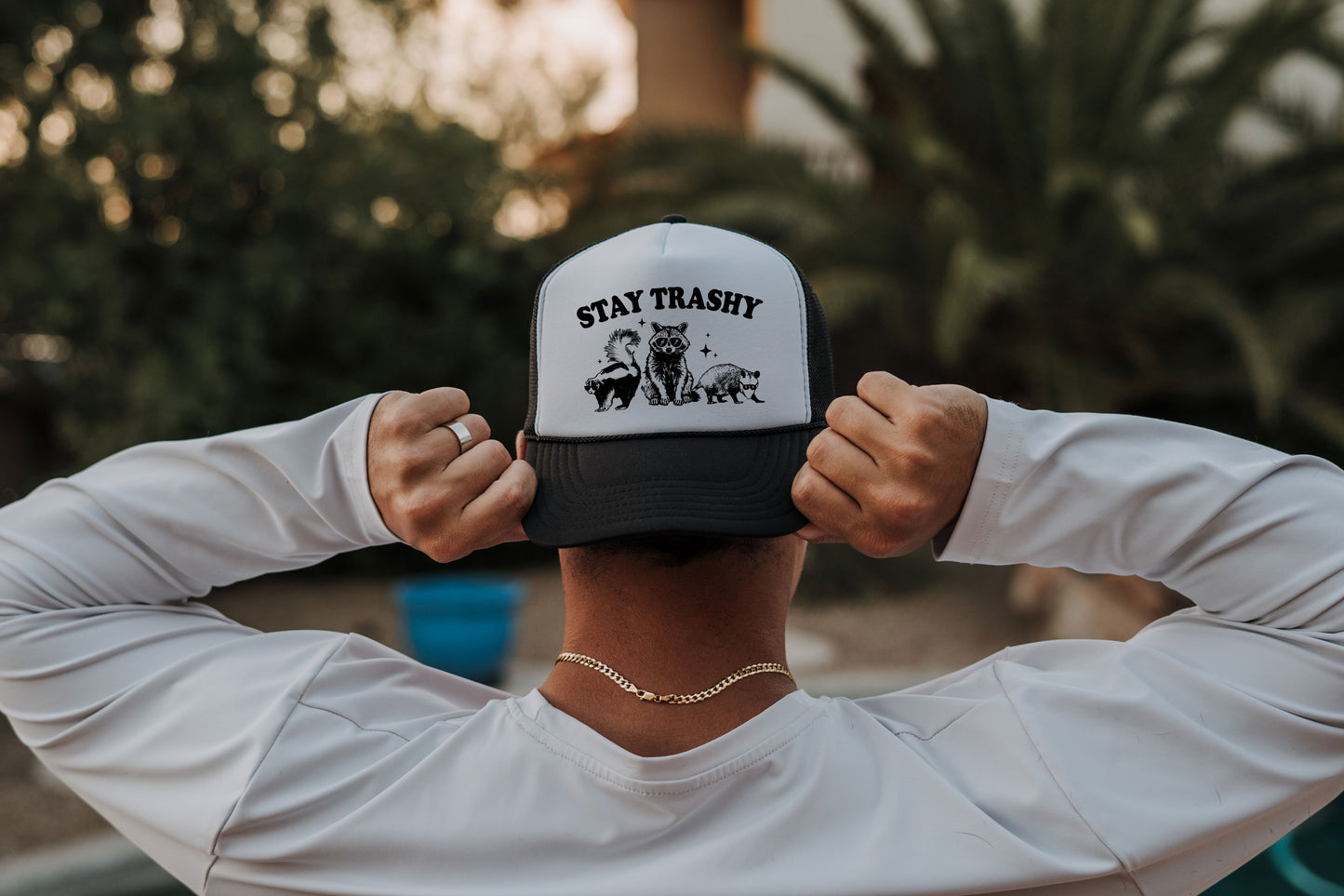 Stay Trashy Vintage Racoon Trucker Cap - Graphic Mesh Snapback, Funny Quote Adjustable Hat, Trendy Foam Front Cap for Men & Women