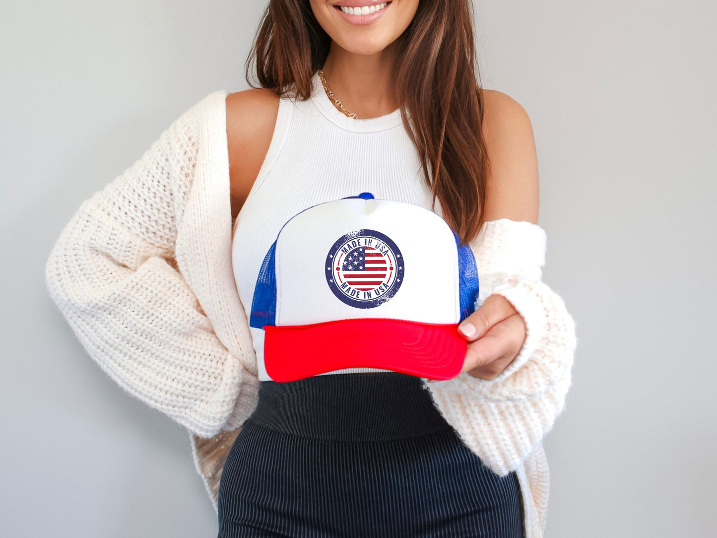 Vintage Made in USA Patriotic Trucker Hat - 4th of July Cap for women & men, USA Flag Snapback Cap, Retro American Eagle Baseball Cap,