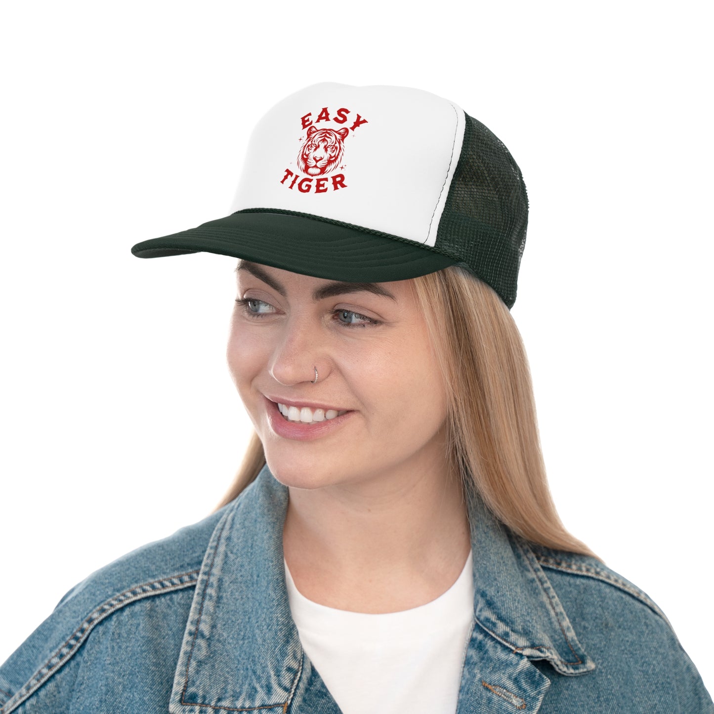 Easy Tiger Trucker Hat - Vintage Red Print, Retro, Old School, Nostalgic, Adjustable Snap Back Cap