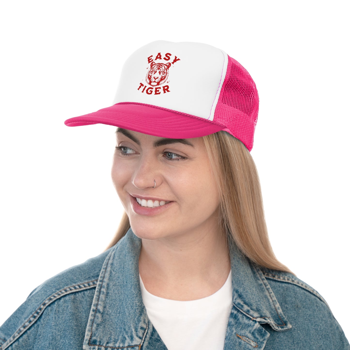 Easy Tiger Trucker Hat - Vintage Red Print, Retro, Old School, Nostalgic, Adjustable Snap Back Cap