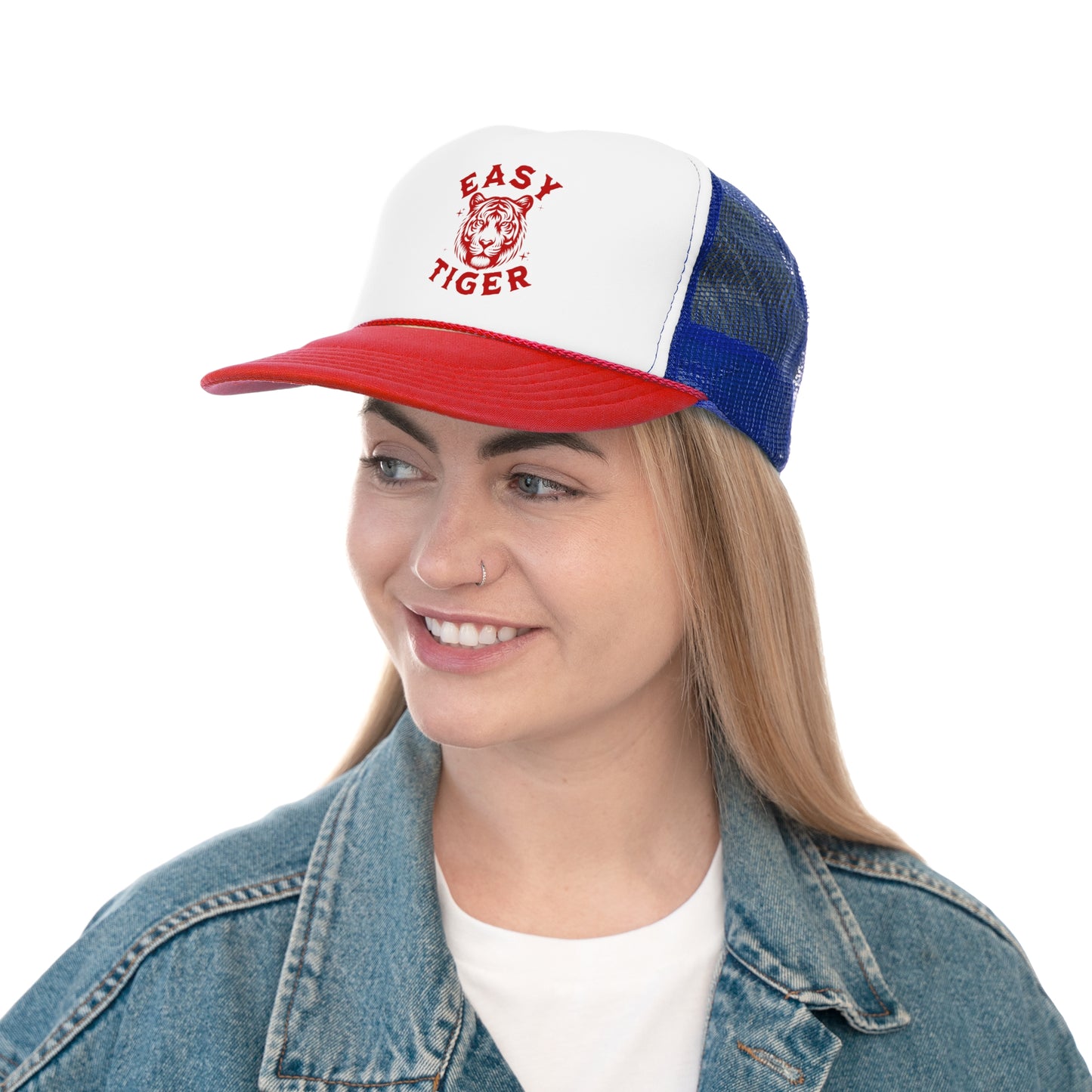 Easy Tiger Trucker Hat - Vintage Red Print, Retro, Old School, Nostalgic, Adjustable Snap Back Cap