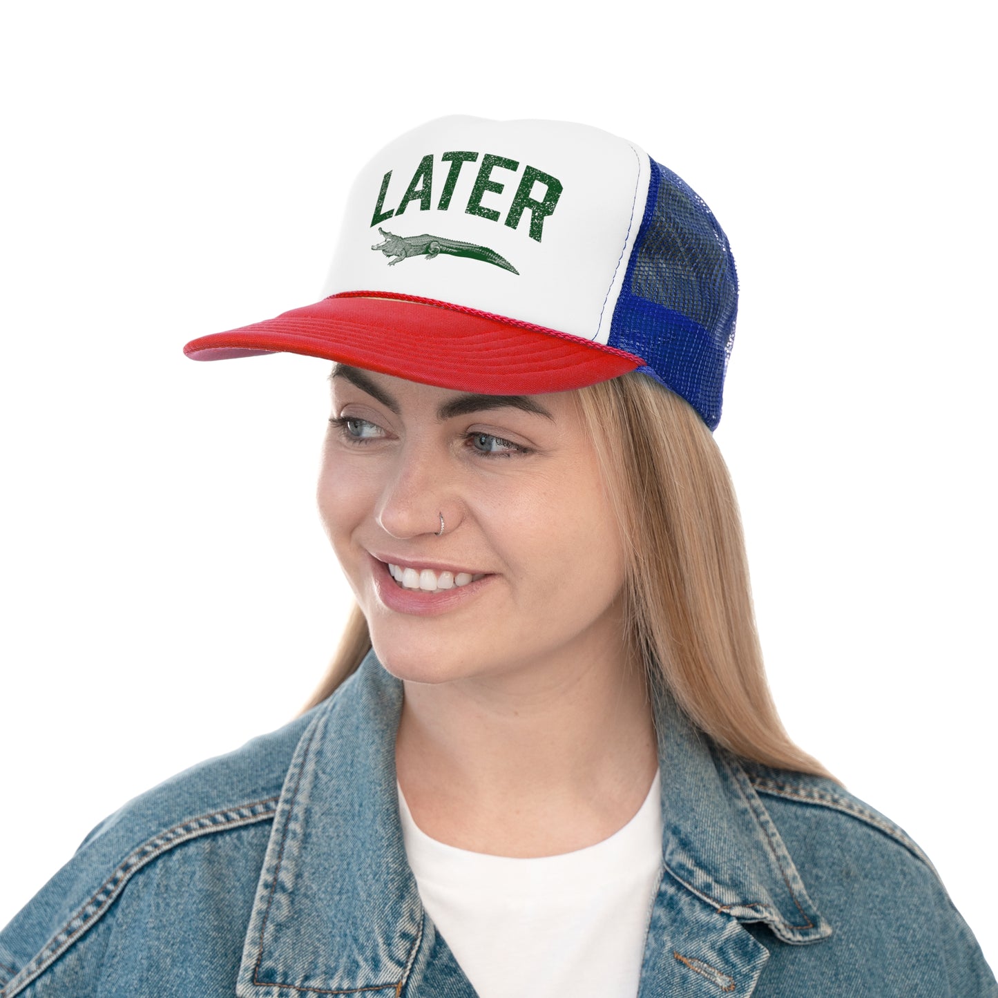 Later Gator Trucker Hat - Green Print, Retro, Old School, Nostalgic, Adjustable Snap Back Cap