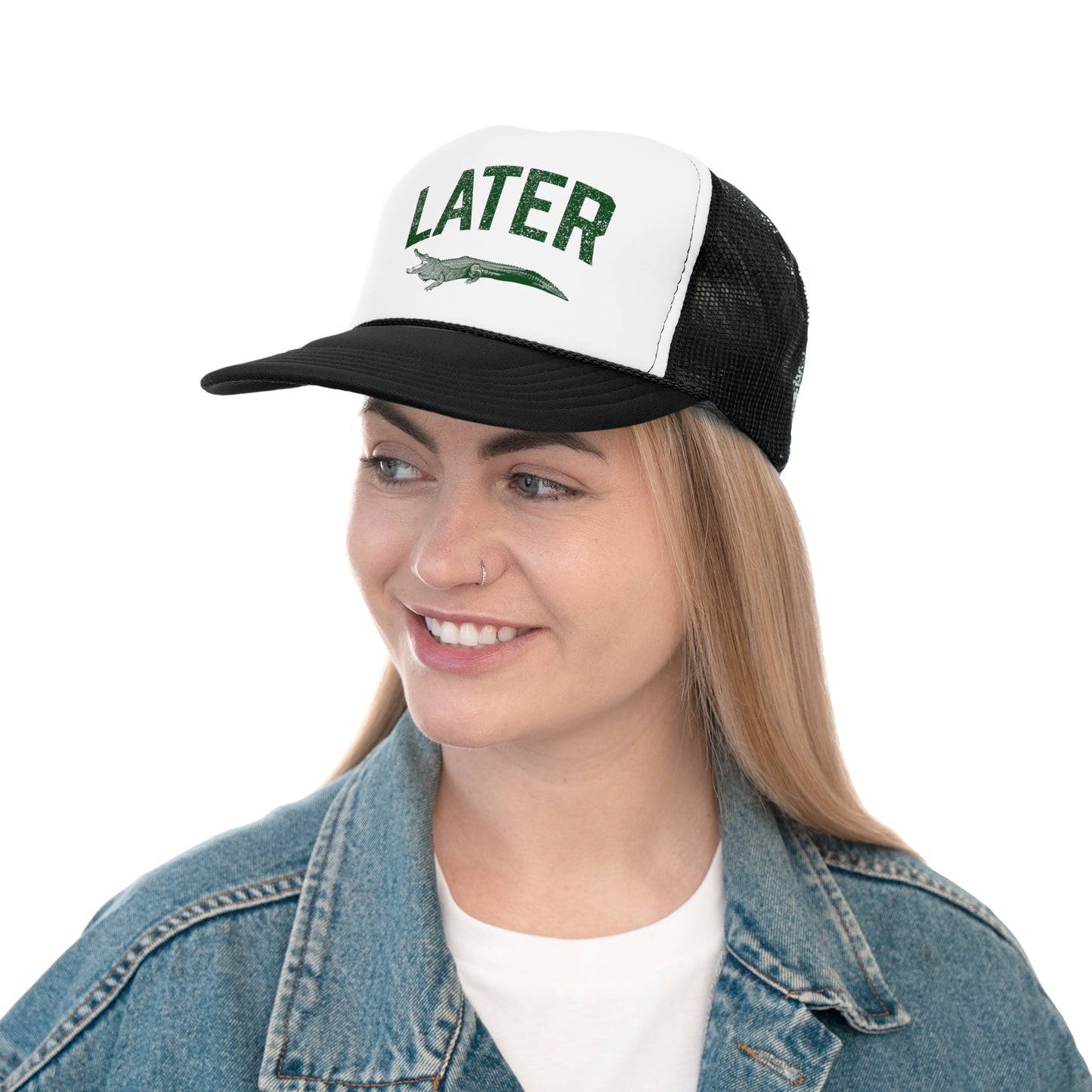 Later Gator Trucker Hat - Green Print, Retro, Old School, Nostalgic, Adjustable Snap Back Cap