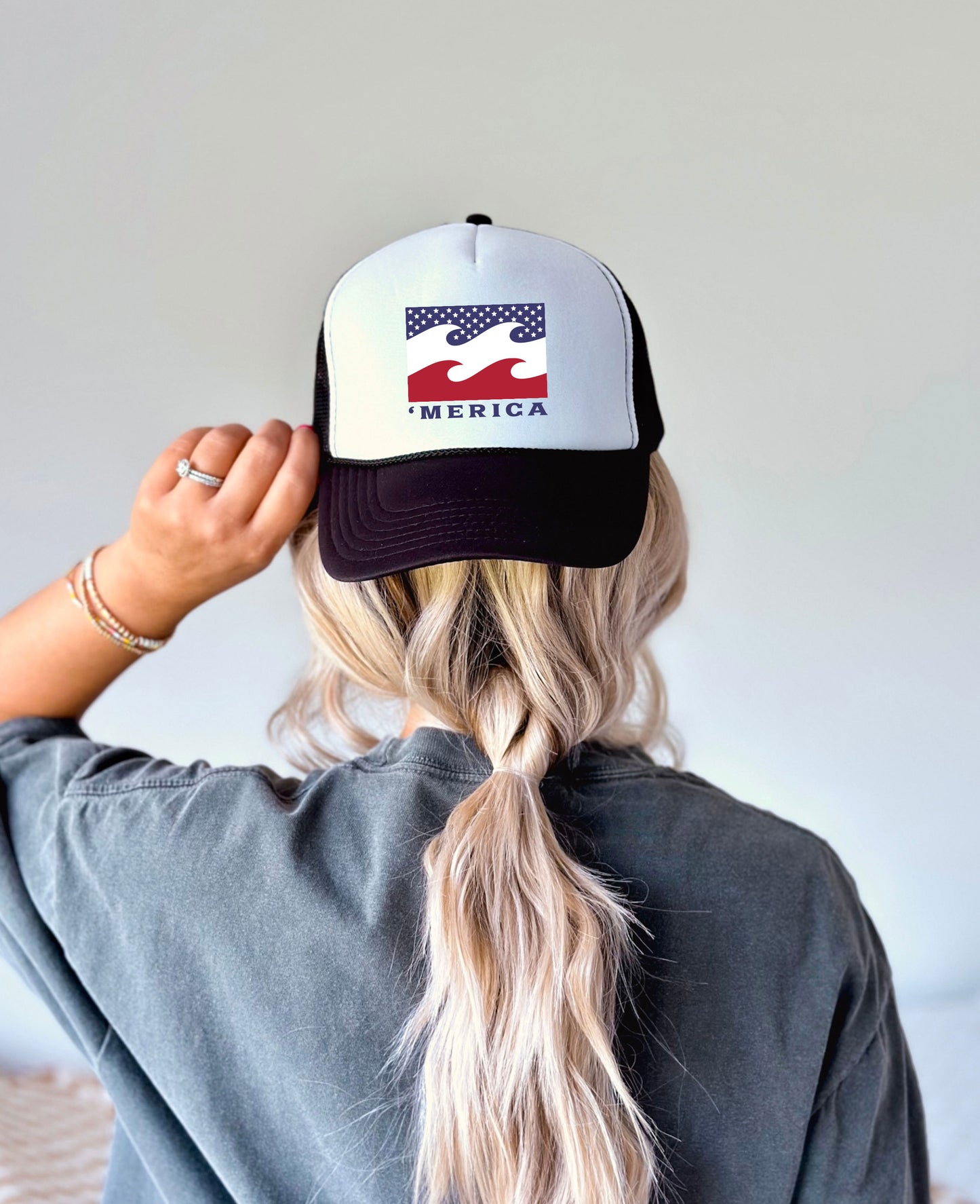 'Merica Waves Trucker Hat - America Waves Vintage Colors, Retro, Old School, Nostalgic, Adjustable Snap Back Cap