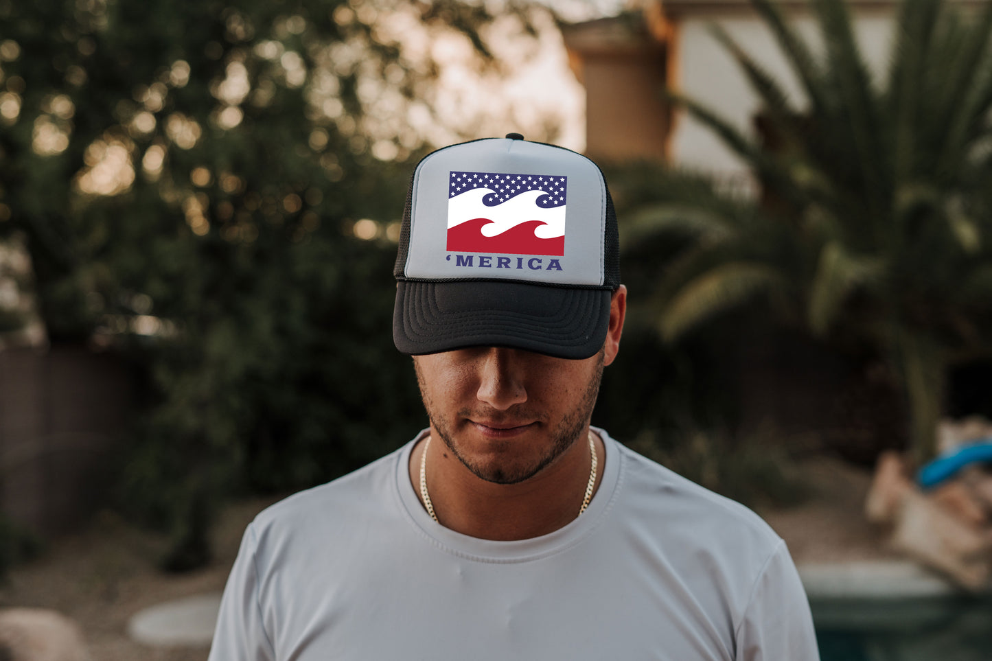 'Merica Waves Trucker Hat - America Waves Vintage Colors, Retro, Old School, Nostalgic, Adjustable Snap Back Cap