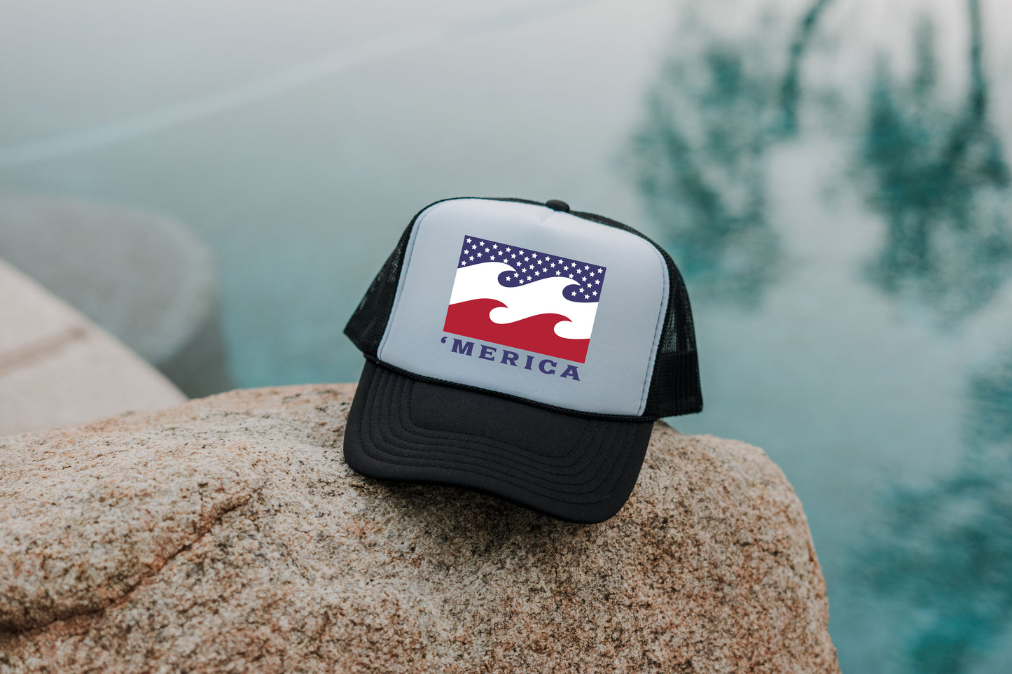 'Merica Waves Trucker Hat - America Waves Vintage Colors, Retro, Old School, Nostalgic, Adjustable Snap Back Cap