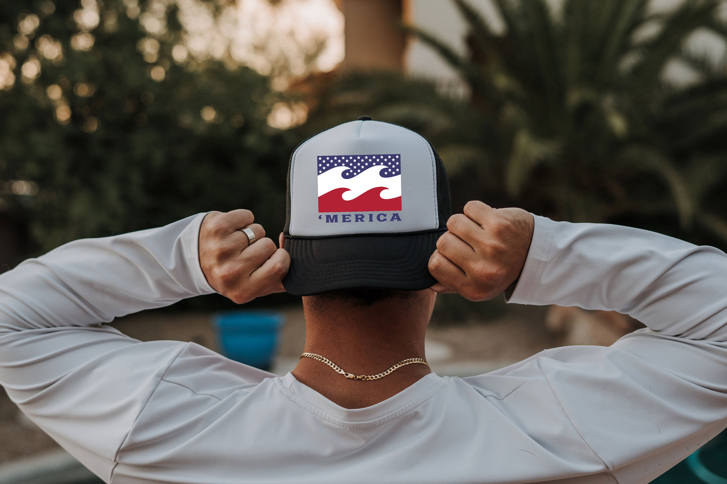 'Merica Waves Trucker Hat - America Waves Vintage Colors, Retro, Old School, Nostalgic, Adjustable Snap Back Cap