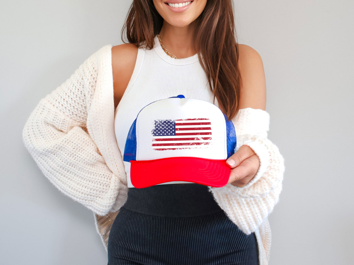 Vintage Distressed American Flag Trucker Cap - Patriotic Snap Back Hat, 4th of July Gift for Men & Women - USA Flag Baseball Hat, Patriotic