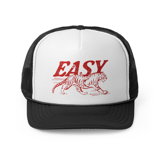 Easy Tiger Trucker Hat - Vintage Color Red Print, Retro, Old School, Nostalgic, Adjustable Snap Back Cap
