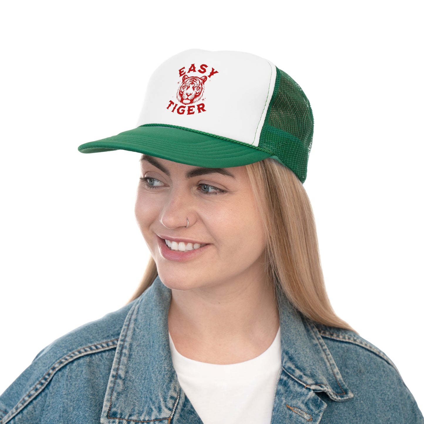 Easy Tiger Trucker Hat - Vintage Red Print, Retro, Old School, Nostalgic, Adjustable Snap Back Cap
