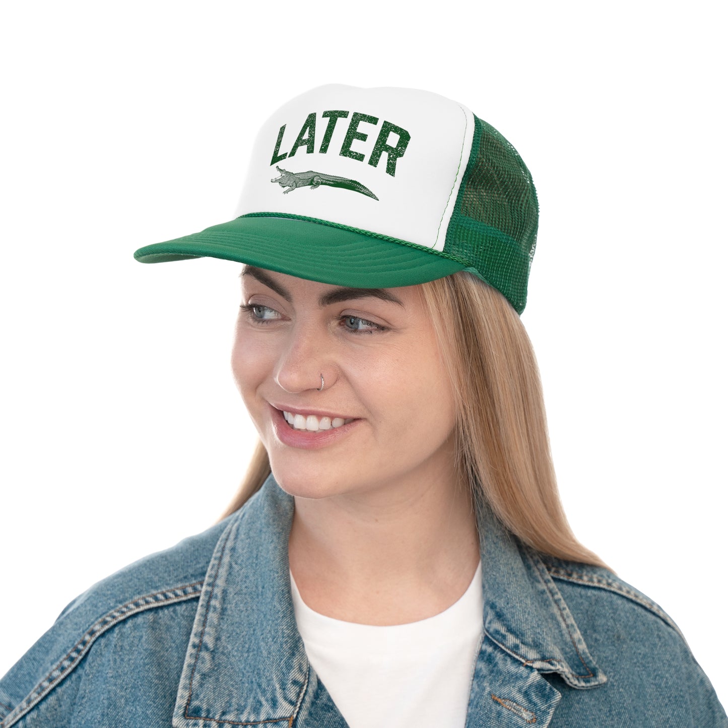 Later Gator Trucker Hat - Green Print, Retro, Old School, Nostalgic, Adjustable Snap Back Cap