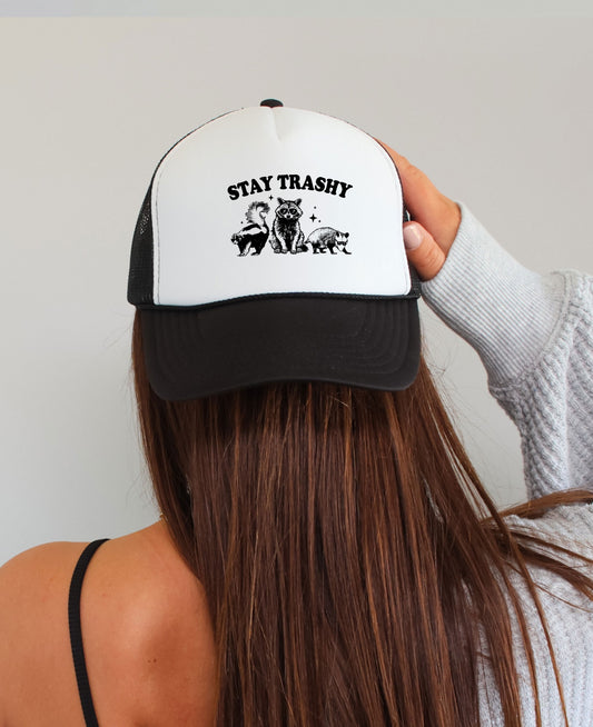 Stay Trashy Vintage Racoon Trucker Cap - Graphic Mesh Snapback, Funny Quote Adjustable Hat, Trendy Foam Front Cap for Men & Women