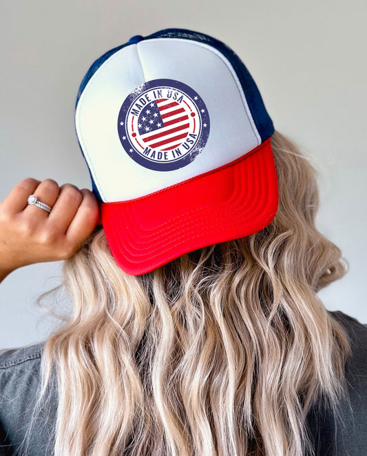 Vintage Made in USA Patriotic Trucker Hat - 4th of July Cap for women & men, USA Flag Snapback Cap, Retro American Eagle Baseball Cap,